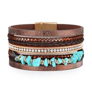 Bohemian Western Irregular Turquoise Diamond Wide-Brimmed Leather Bracelet